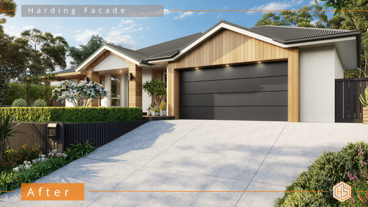 A beautifully renovated house with timber highlights, a new grey garage door, and a bright, inviting color scheme.