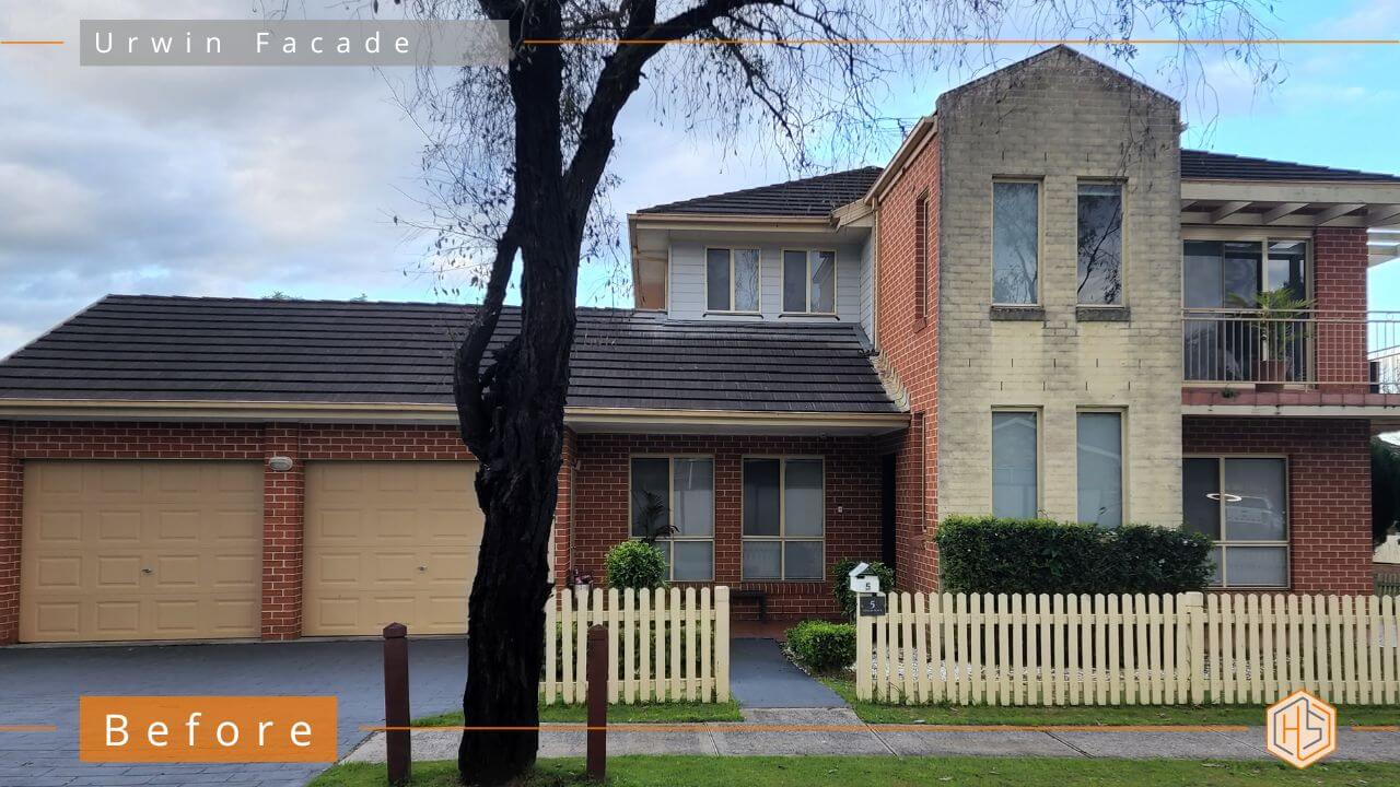 Before: A dated brick home in need of a facade renovation, predominantly showcasing red and brown tones