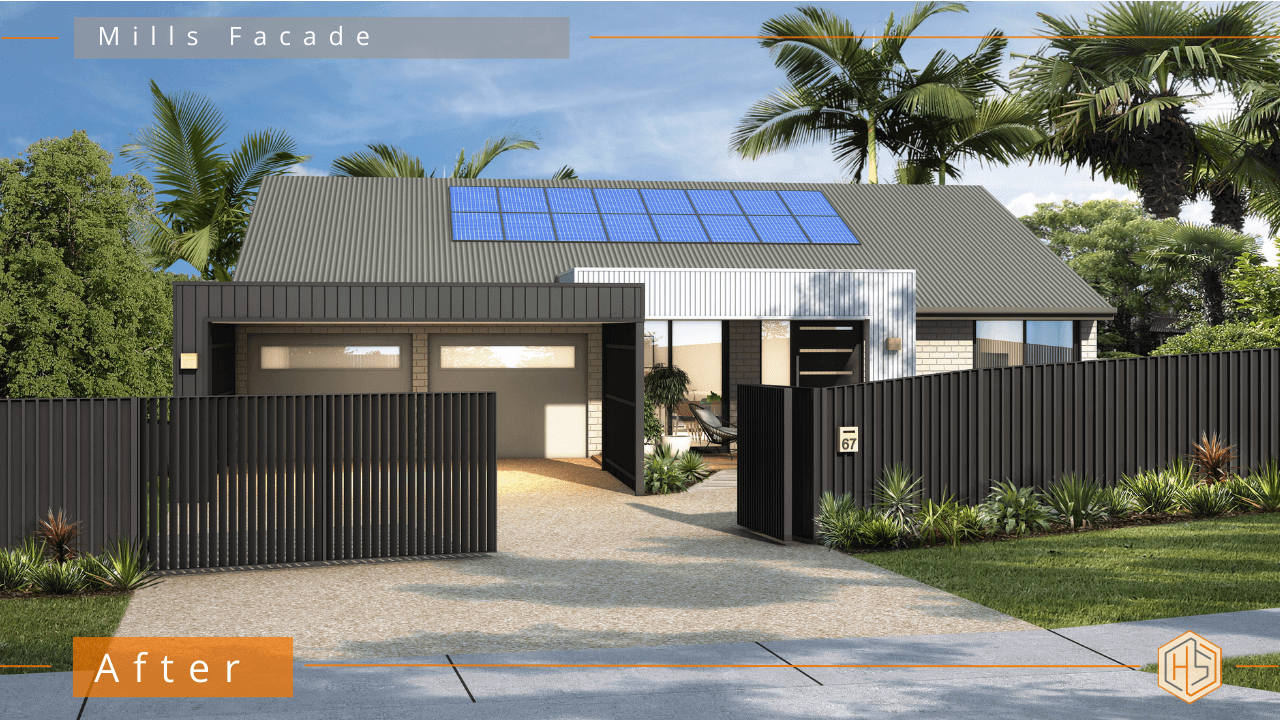 Renovated modern house with green roof, new cladding, fence, landscaping, and carport. Beautiful exterior design!