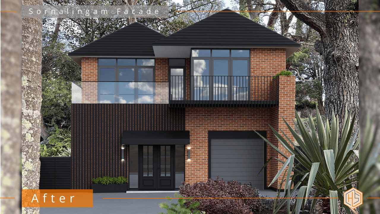 Image of a modern brick house exterior with black features, showcasing a chic and updated design with new balustrades and an elegant entry awning.