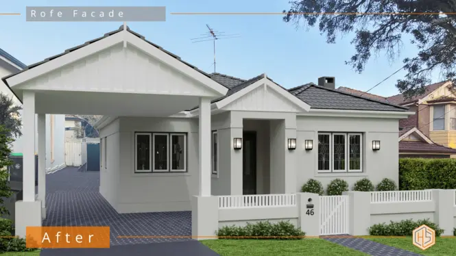 Exterior renovation of a house from brick to traditional style, featuring off-white color with white trims, a carport addition, and a new front entry