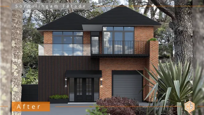 Image of a modern brick house exterior with black features, showcasing a chic and updated design with new balustrades and an elegant entry awning.